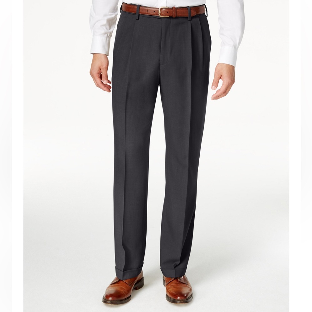NAUTICA Super 100 Charcoal Gray Wool Slacks Dress Pants Pleated Cuffed 36x30 EUC